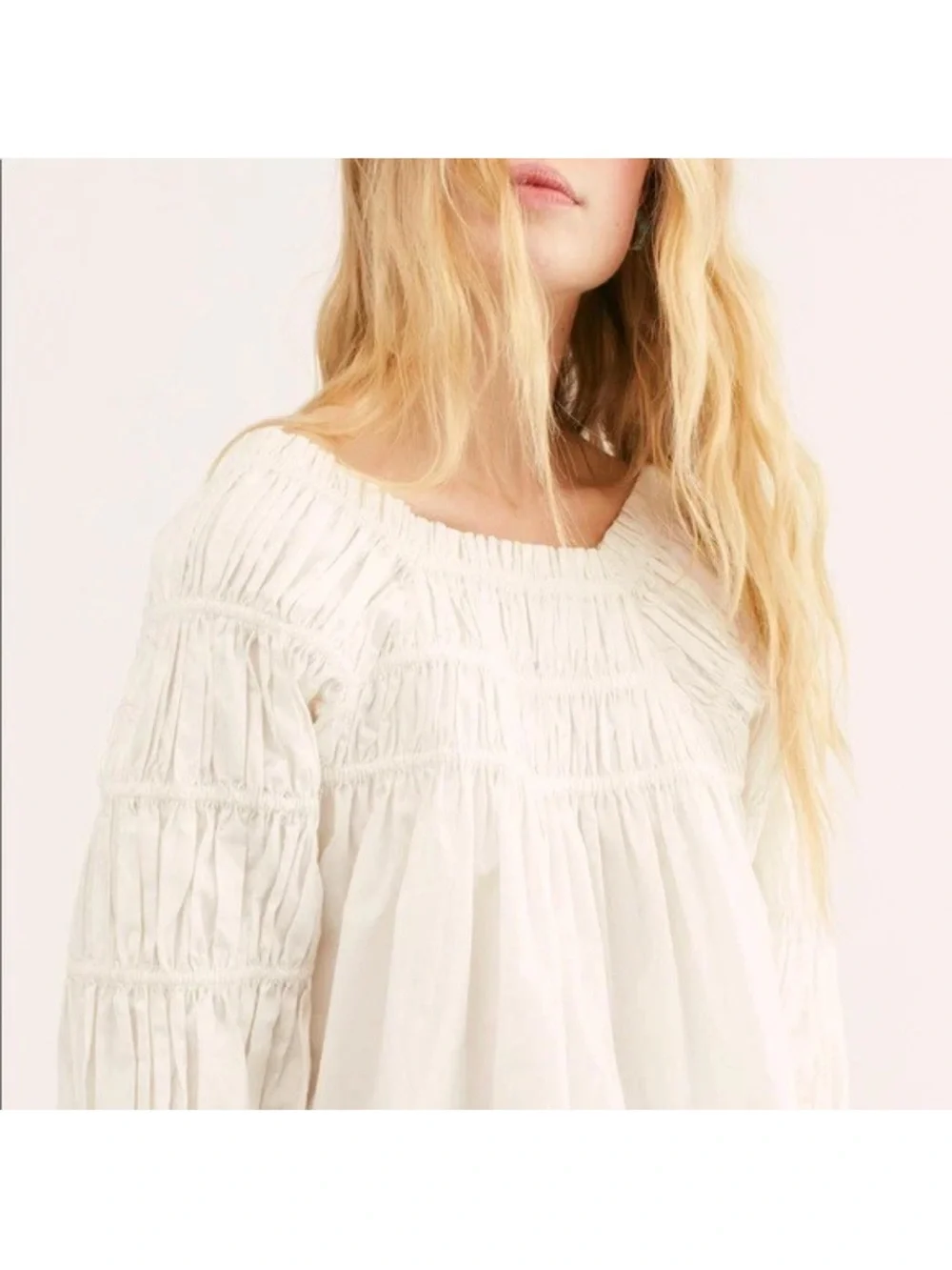 Free People CeCe Poplin White Smocked Square-Neck Peasant Blouse size XS